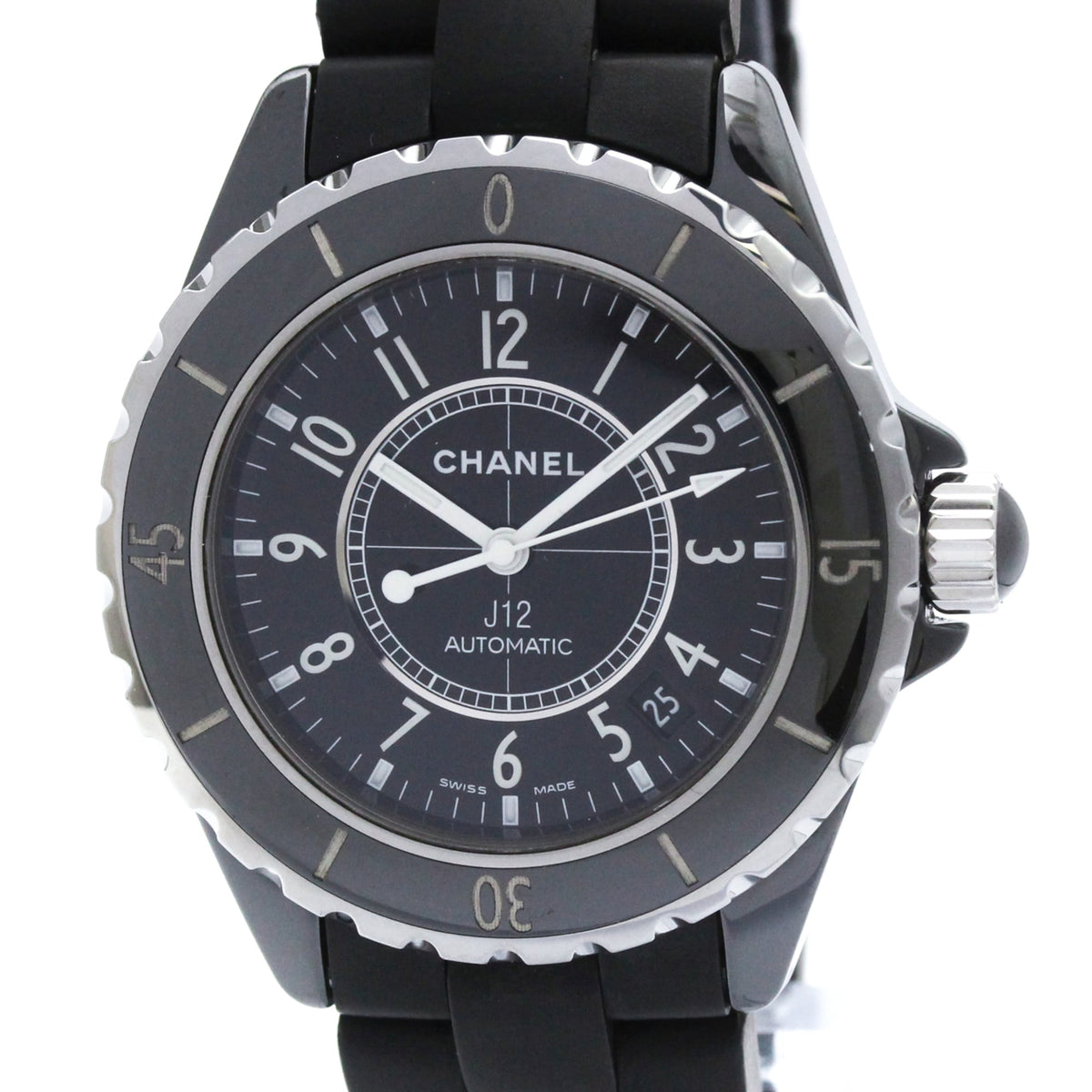 Pre-Owned CHANEL J12 Ceramic Rubber Automatic Mens Watch H0684 Polished