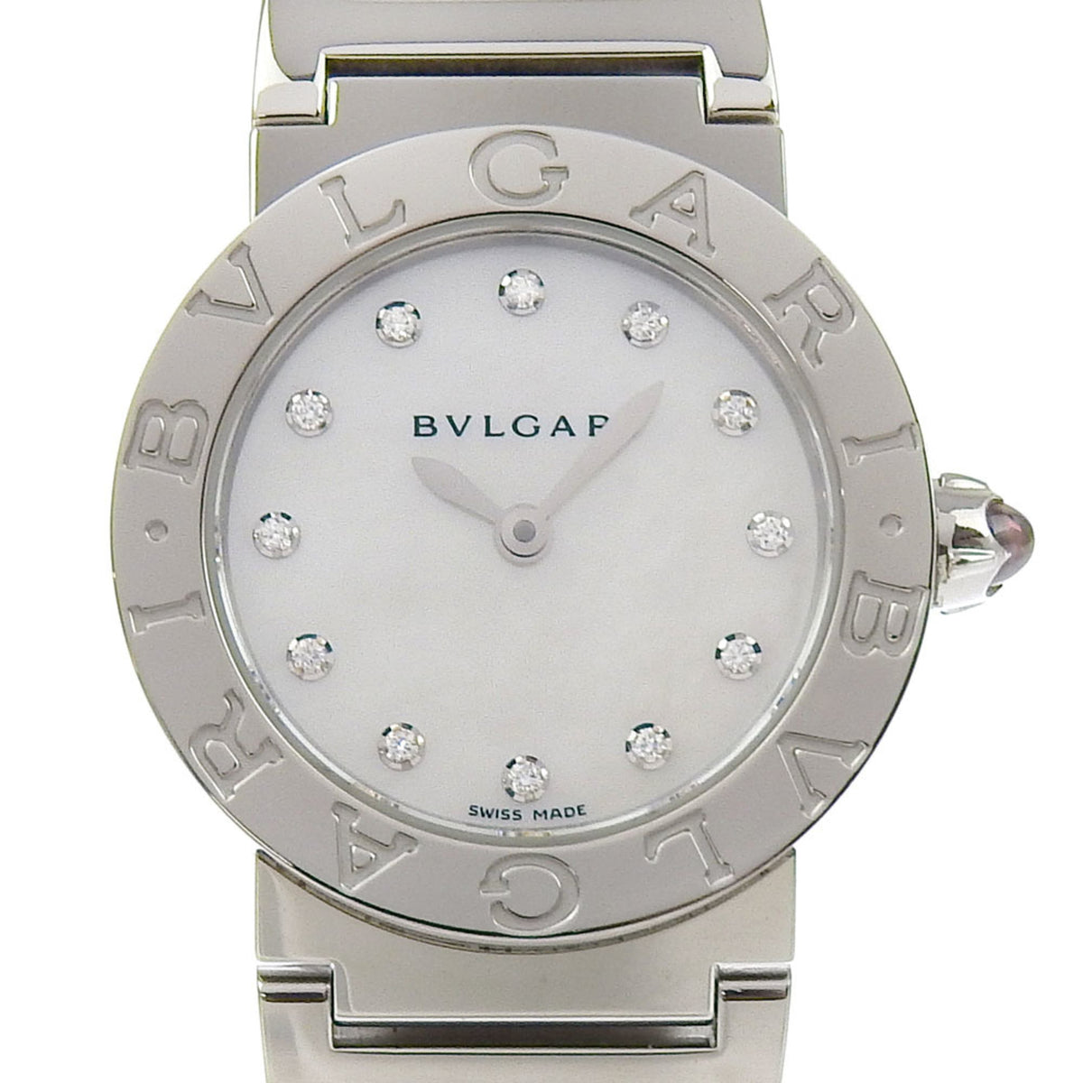 Pre-Owned BVLGARI BBL26S White Shell Dial 12P Diamond SS Quartz Wristwatch 26mm Ladies