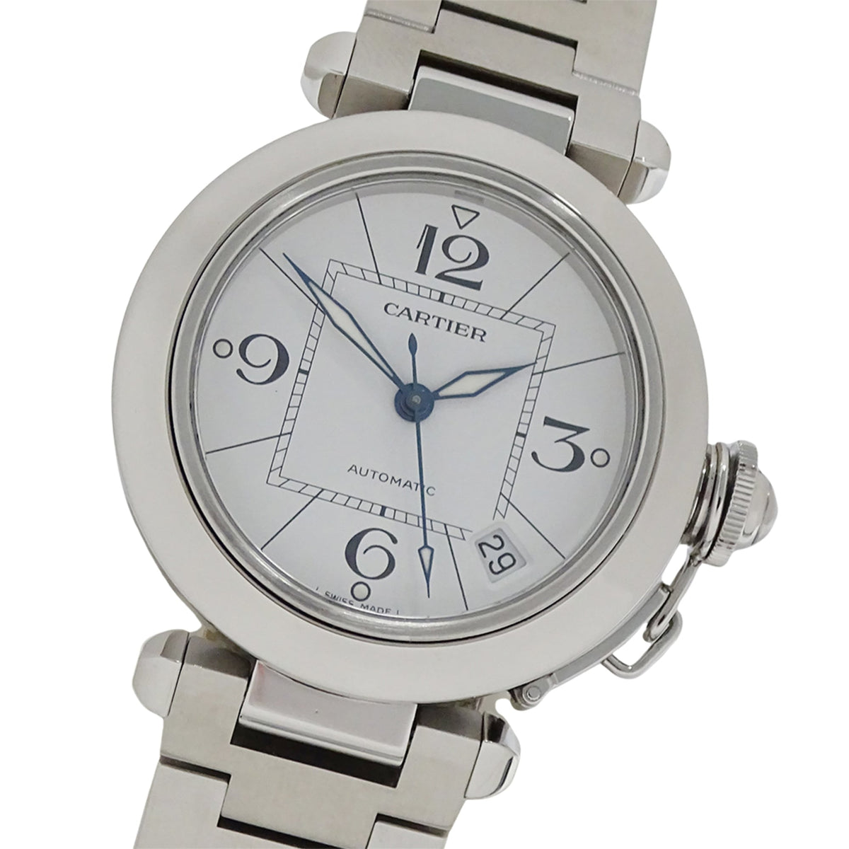 Pre-Owned Cartier Pasha C Date Automatic Watch for Boys, Stainless Steel (SS) W31074M7, Silver/White, Polished.