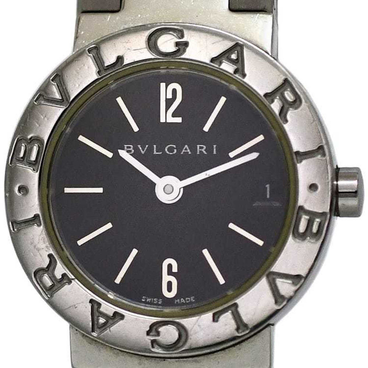 Montre Bvlgari d'occasion f-21814 noire argentée BB23SS pour femme, bracelet en acier inoxydable, cadran BVLGARI, fonctionne avec des piles 