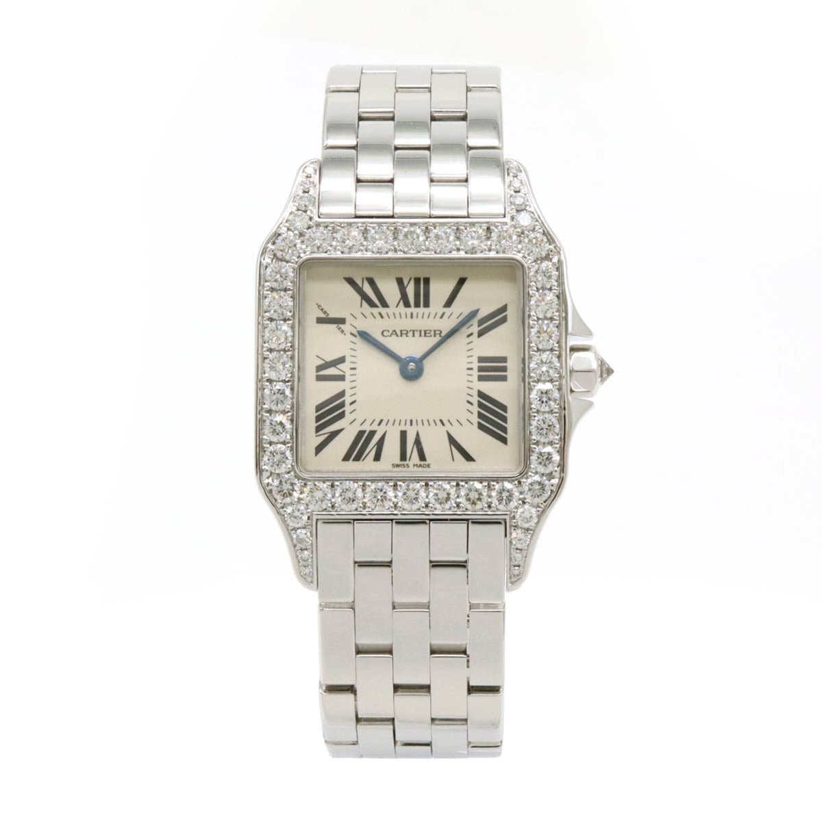 Pre-Owned Cartier Santos de LM Bezel Diamond Silver Dial White Gold Ladies Quartz Wristwatch