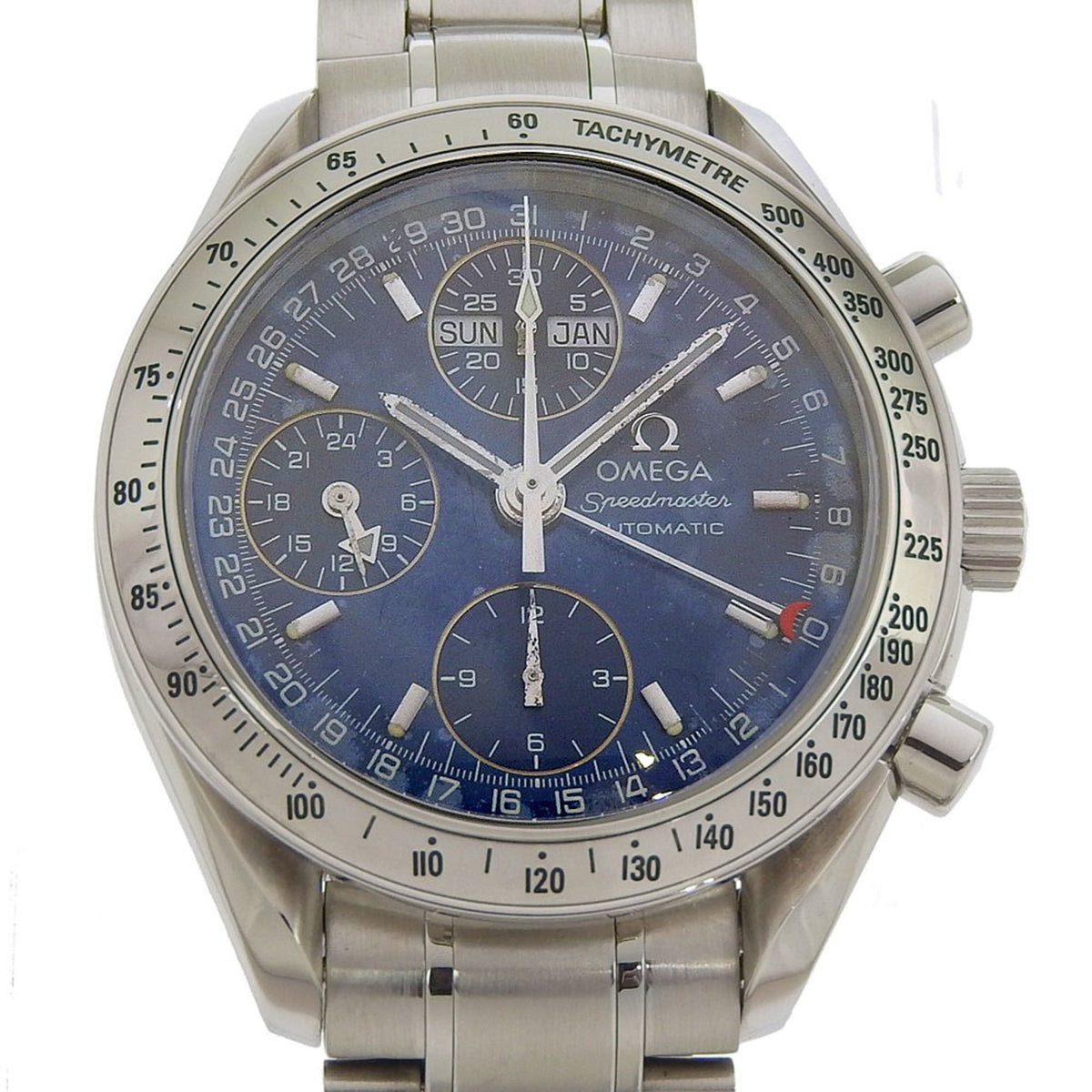 Pre-Owned Omega Speedmaster Triple Calendar Watch cal.1151 175.0084 Stainless Steel Silver Automatic Chronograph Blue Dial Men's