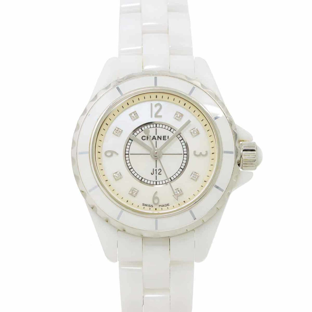 Montre femme CHANEL J12 29 mm H2570 d'occasion, boîtier 8P en céramique blanche et diamants, quartz 