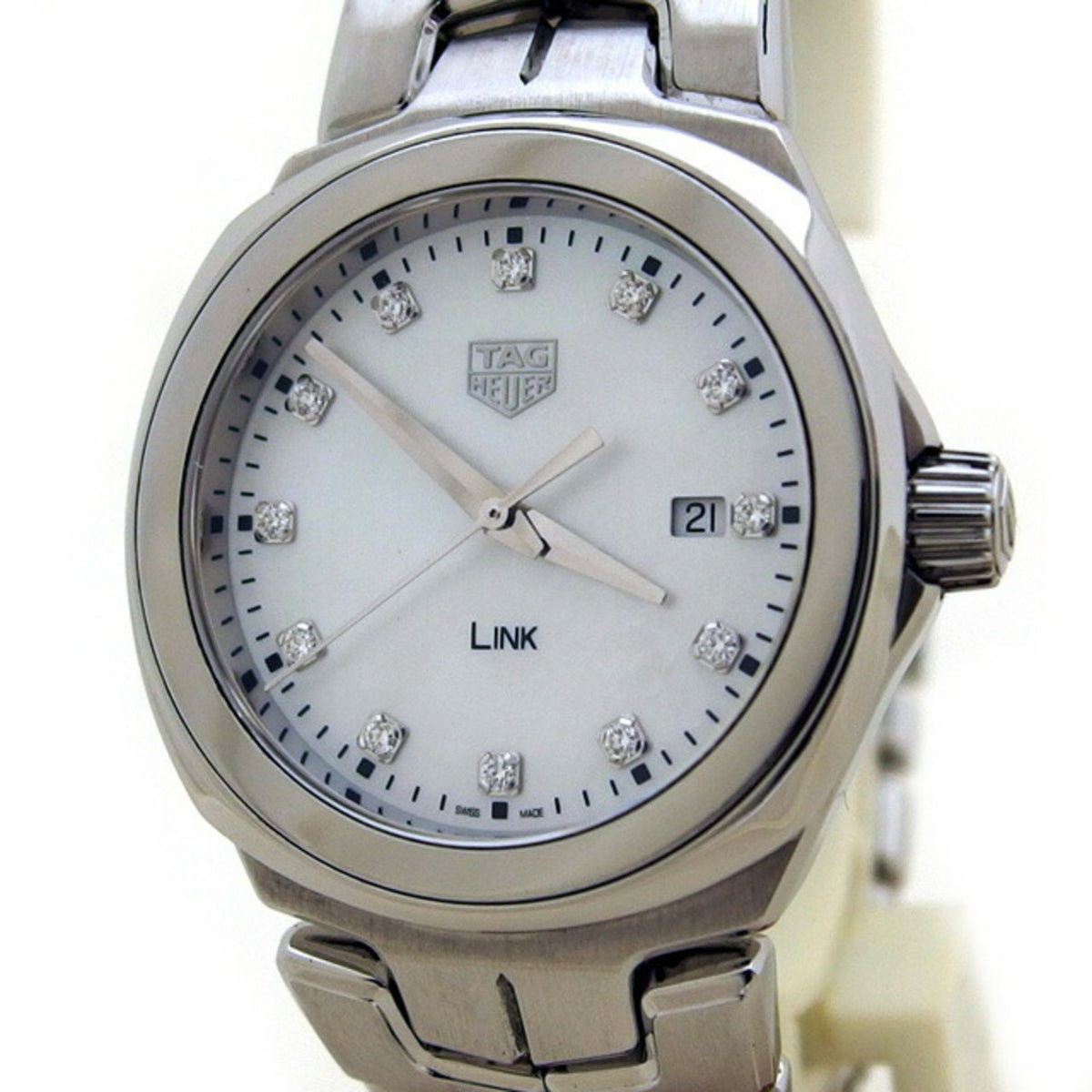 Montre TAG Heuer Link Date 12P d'occasion pour femme, cadran blanc et diamants 