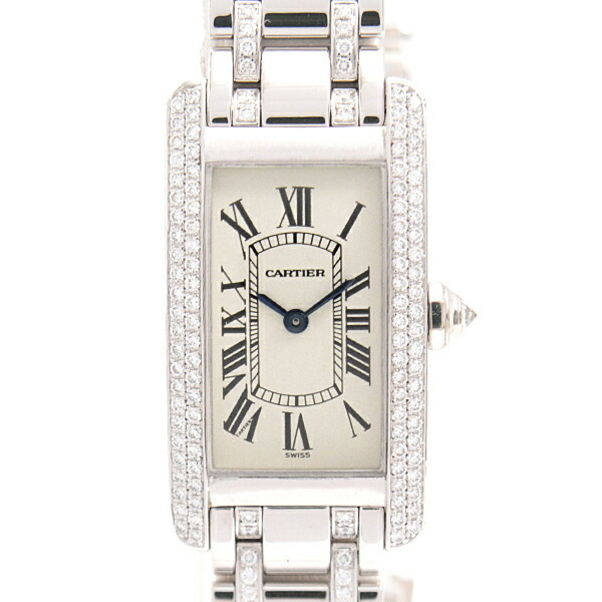 Pre-Owned Cartier Women's Watch Tank Americaine SM Genuine Diamond Battery Operated White Gold 750WG Ivory Dial