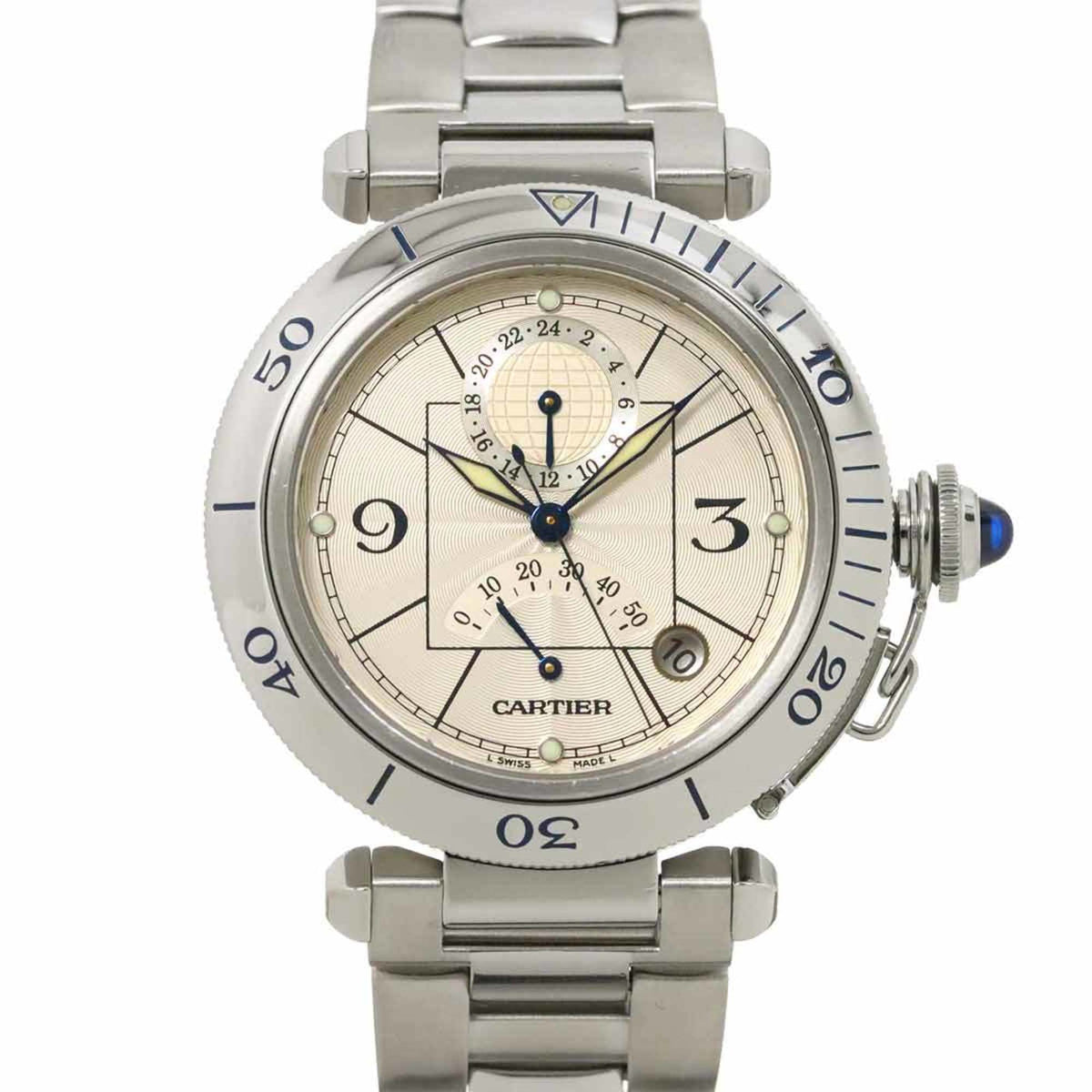 Montre homme d'occasion Cartier Pasha 38 mm GMT W31037H3, date, argent, automatique 
