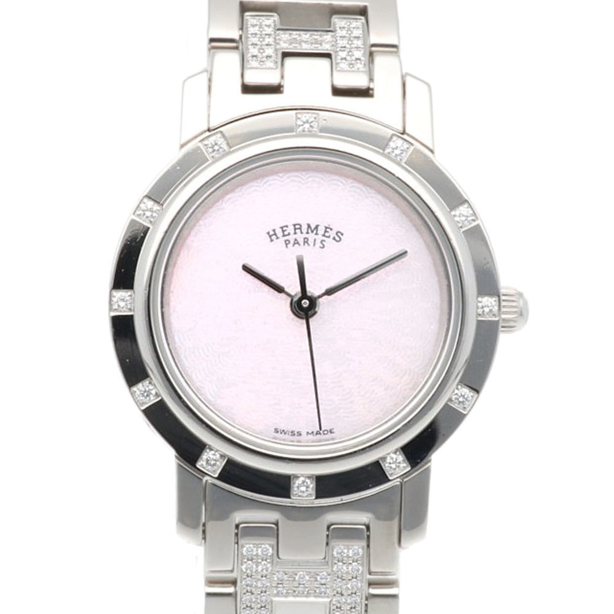 Pre-Owned Hermes Clipper Nacre Wristwatch, Stainless Steel CL4.230 Quartz, Polished, Ladies', HERMES Pink Shell Diamond.
