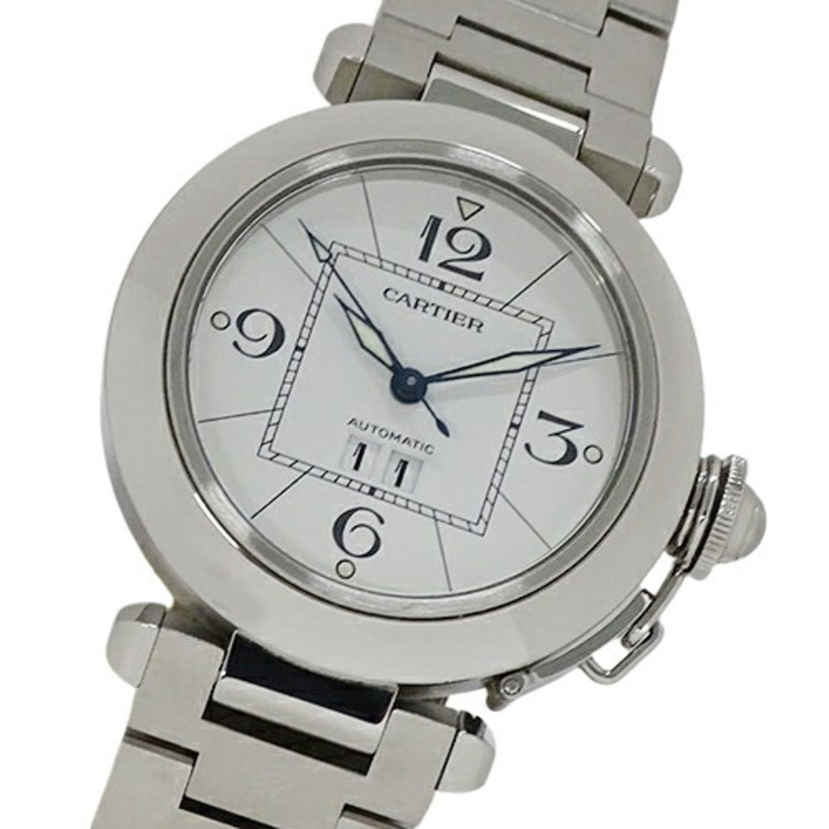 Gebrauchte Cartier Pasha C Big Date Automatikuhr für Jungen AT Edelstahl SS W31055M7 Silber Weiß Poliert 