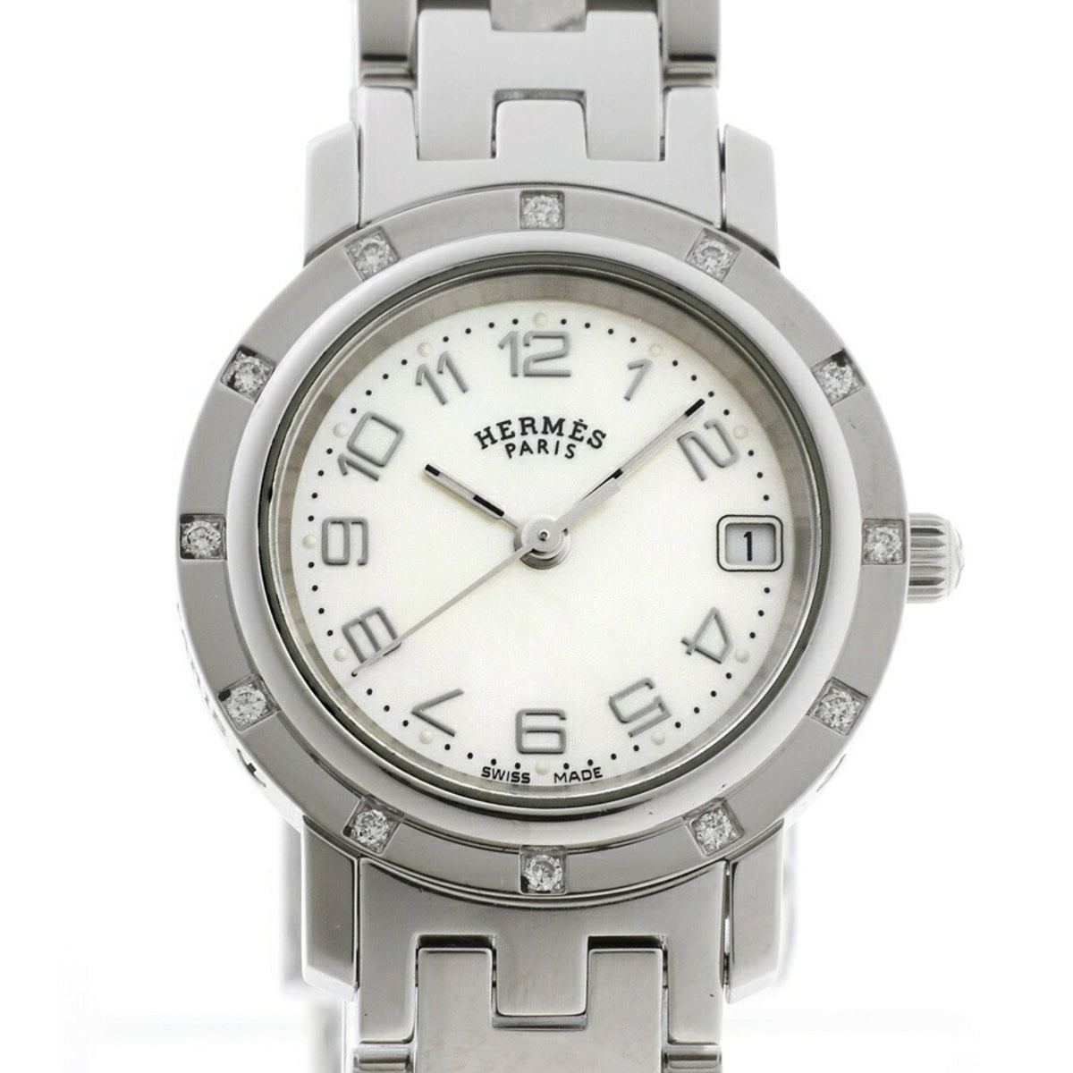 Pre-Owned Hermes Clipper Nacle CL4.230 12P Diamond Bezel White Shell Quartz Watch A-158739