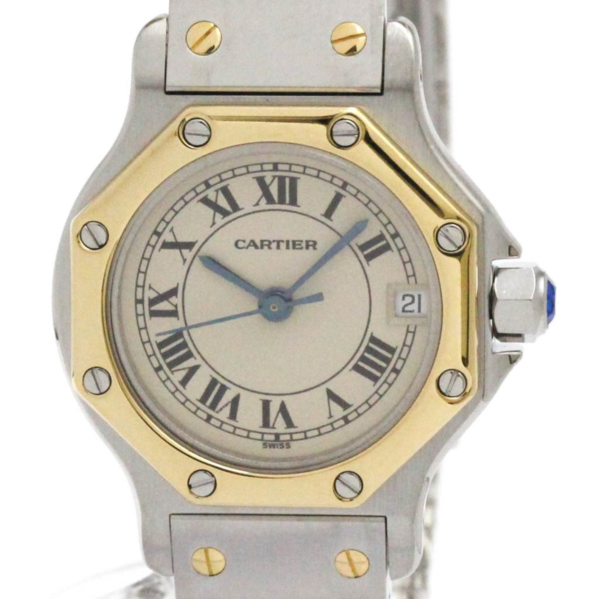 Pre-Owned CARTIER Santos Octagon 18K Gold Steel Quartz Ladies Watch 187903 Polished