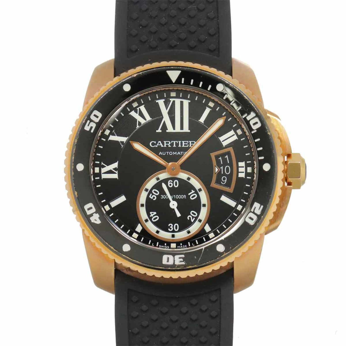 Pre-Owned Cartier Calibre de Diver W7100052 Men's Watch with Date Display, Black 18K Pink Gold, Automatic