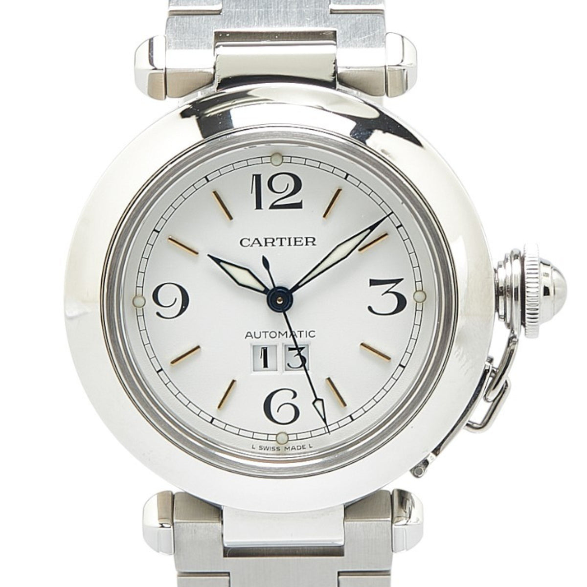 Montre Cartier Pasha C Big Date d'occasion W31044M7, automatique, cadran blanc, acier inoxydable, pour femme. CARTIER 