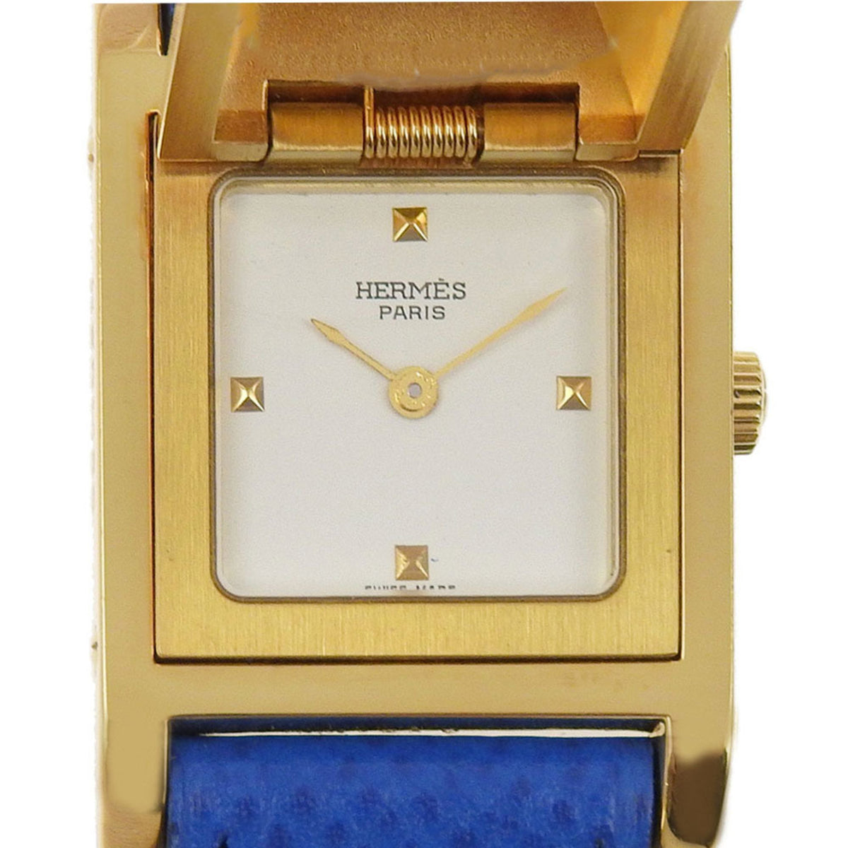 Montre Hermes Medor d'occasion plaquée or x cuir gaufré 1994 affichage analogique à quartz cadran blanc pour femme 
