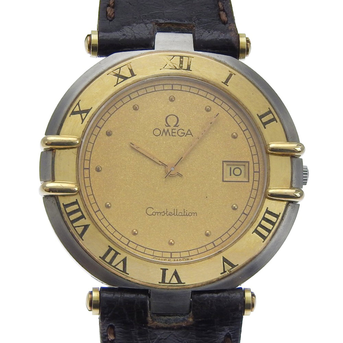 Pre-Owned OMEGA Constellation Women's Watch, Stainless Steel and Leather, Quartz Movement, Analog Display, Gold Dial