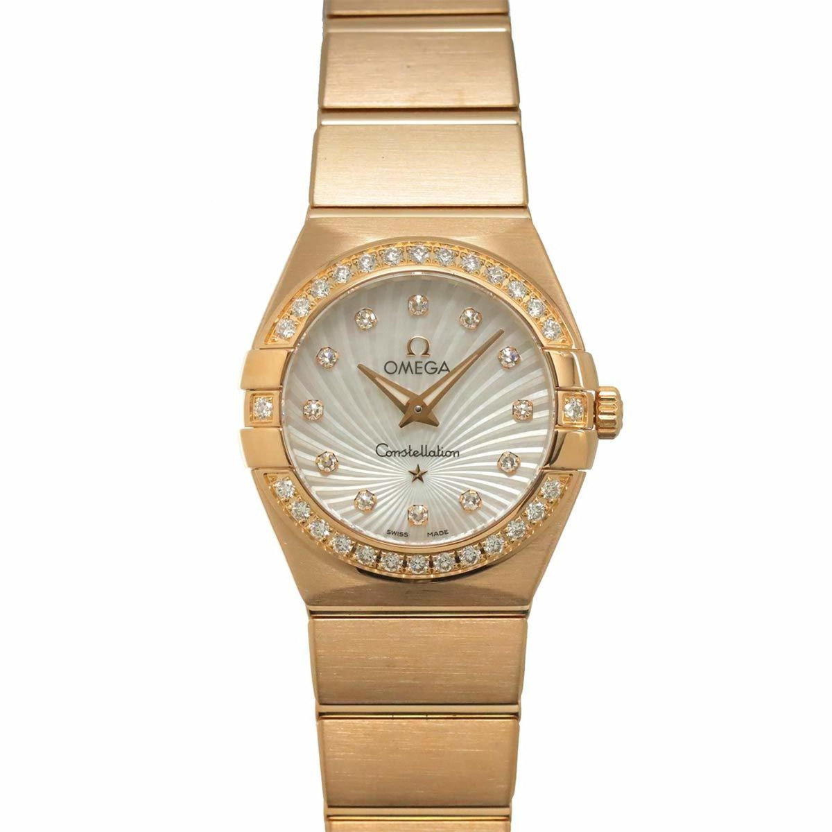 Pre-Owned Omega Constellation 123 55 24 60 001 Ladies' Watch with Diamond Bezel, 12 Diamonds, White Mother-of-Pearl, 18K Pink Gold, Solid Quartz