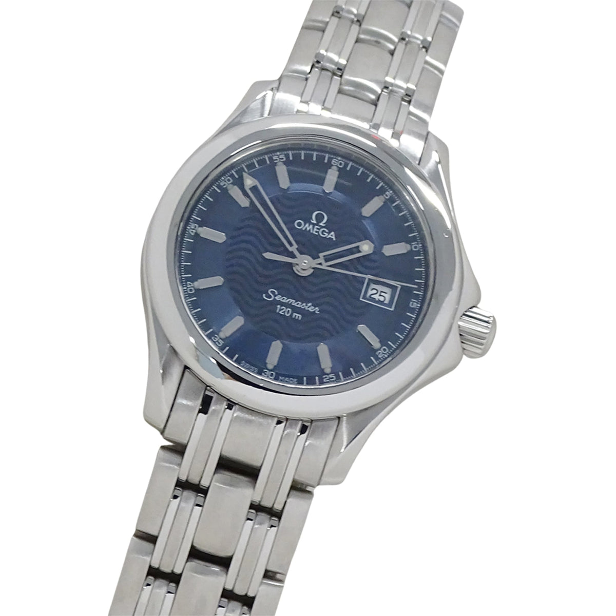 Pre-Owned Omega Seamaster 2571.81 Women's Watch, Brand Name, 150m Water Resistant, Date Display, Quartz Movement, Stainless Steel (SS), Silver & Blue Frame