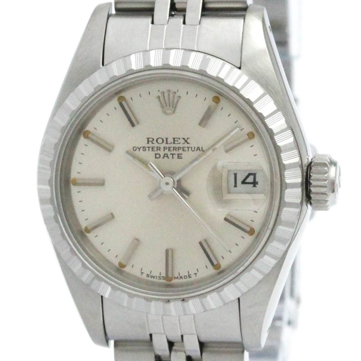 Pre-Owned ROLEX Oyster Perpetual Date 69240 18K White Gold Steel Automatic Watch