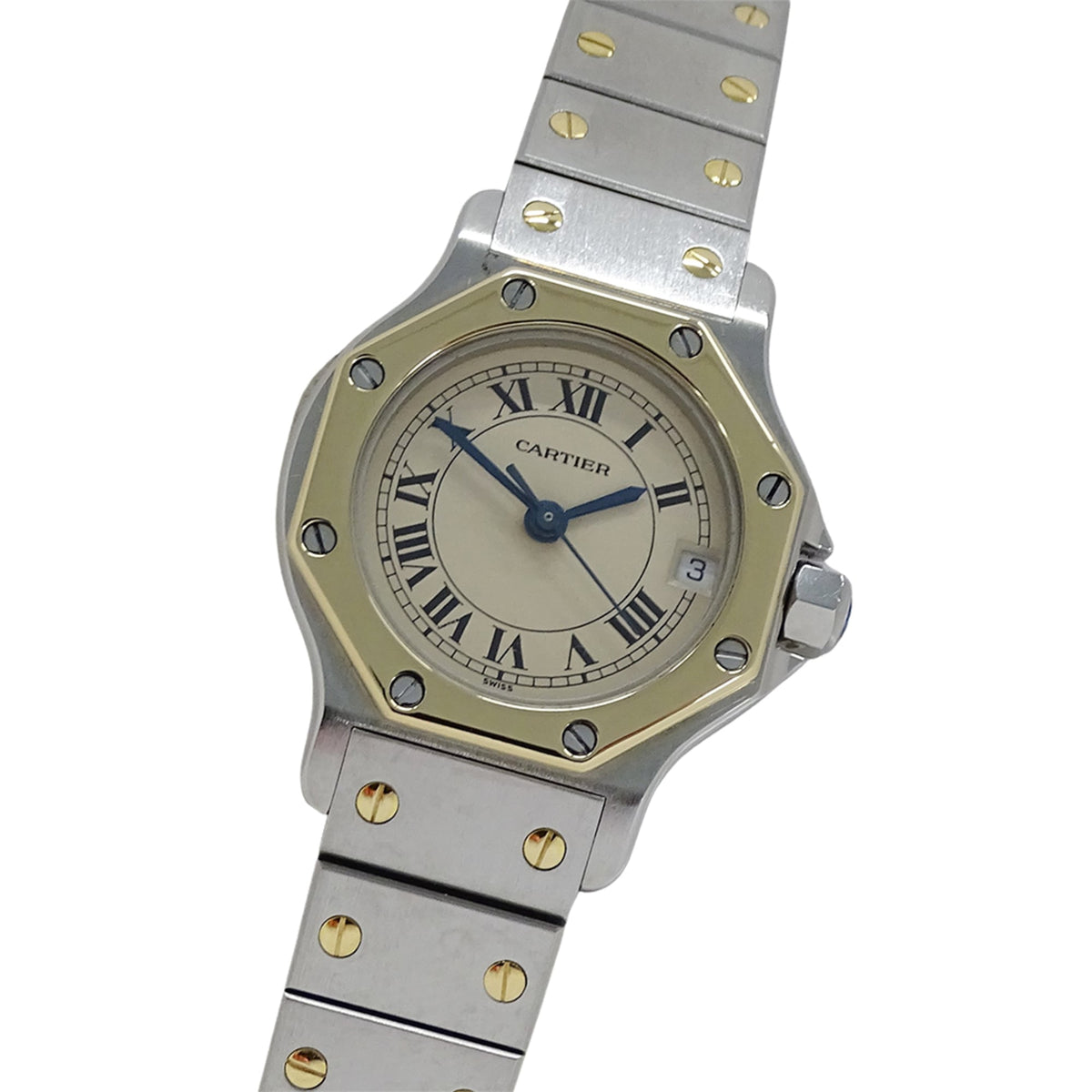 Pre-Owned Cartier women's watch, Santos Octagon SM, date, quartz movement, stainless steel (SS) and gold (YG), W2001683, combination, polished.