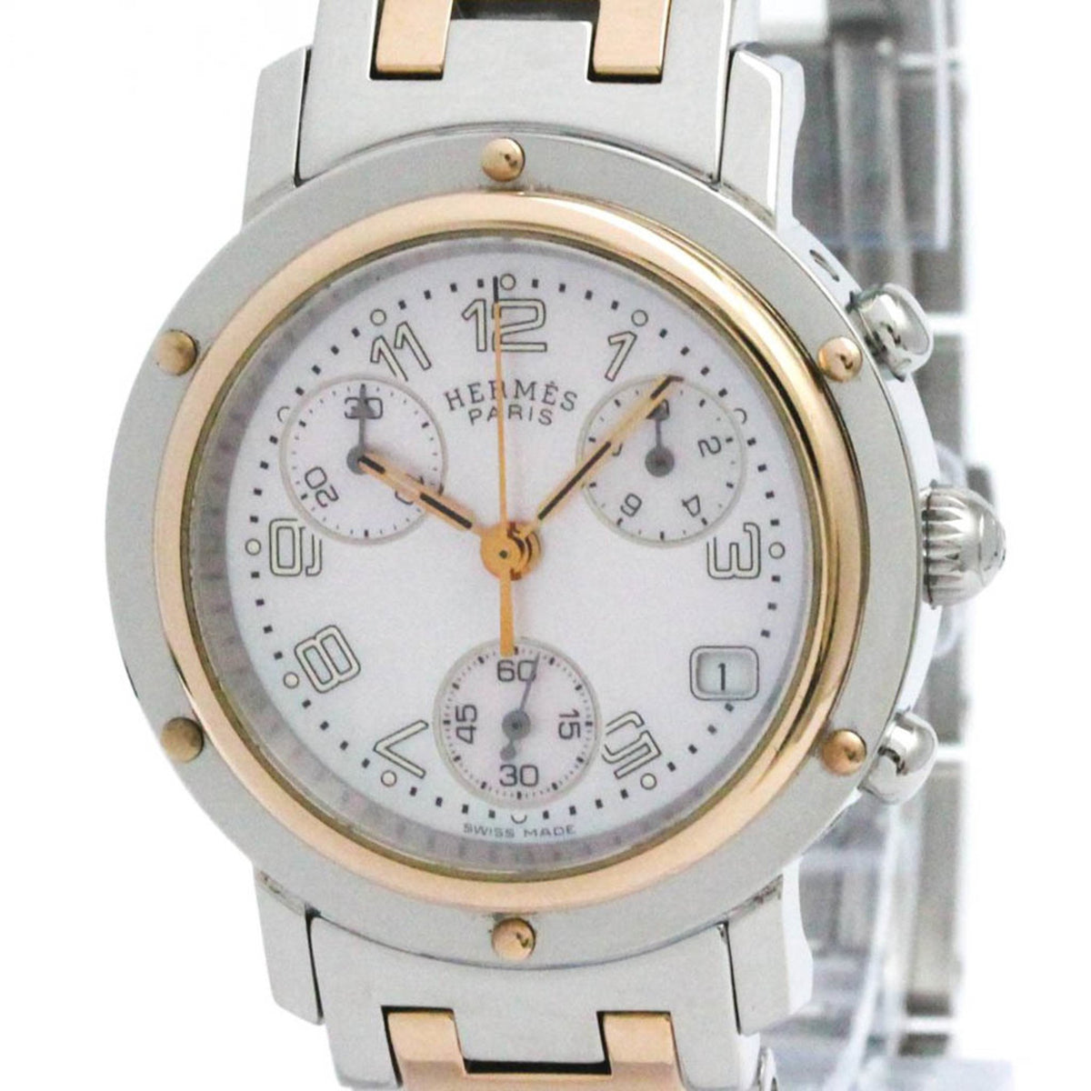 Pre-Owned HERMES Clipper Chronograph MOP Pink Gold Plated Steel Watch CL1.321 Polished