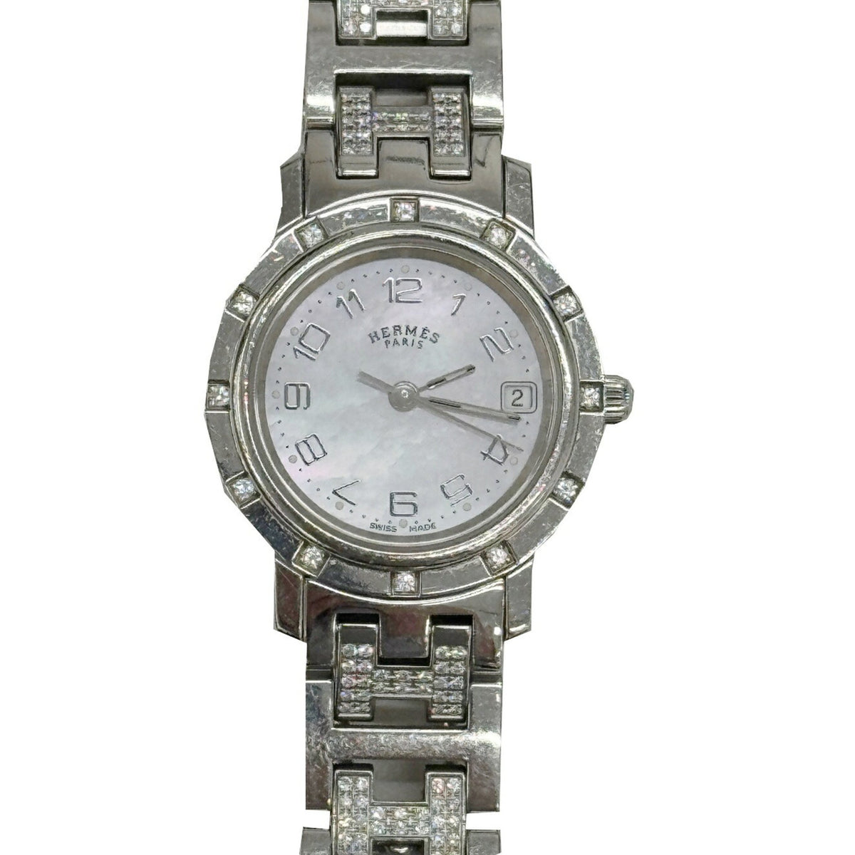 Montre-bracelet analogique à quartz HERMES Clipper Nacle CL4.230.214 d'occasion, édition limitée, 3870 pièces, calendrier, lunette diamantée 12 points, ceinture H, cadran coquillage rose, SS, pour femme 