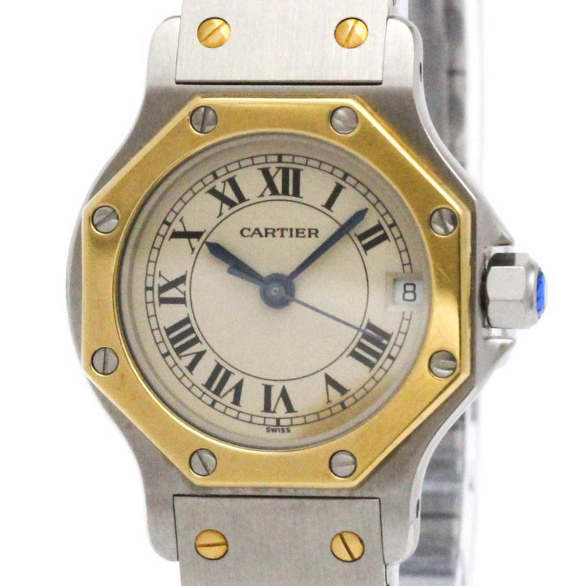 Pre-Owned CARTIER Santos Octagon 18K Gold Steel Quartz Ladies Watch 187903 Polished