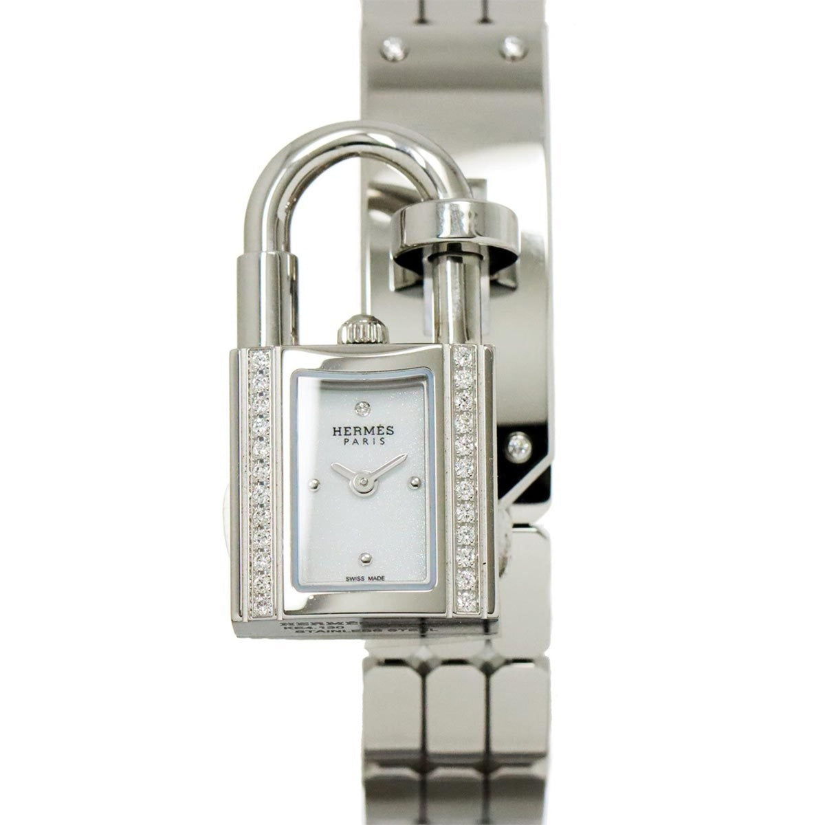 Pre-Owned Hermes Kelly Watch KE4 130 Diamond Bezel Ladies White Quartz Padlock