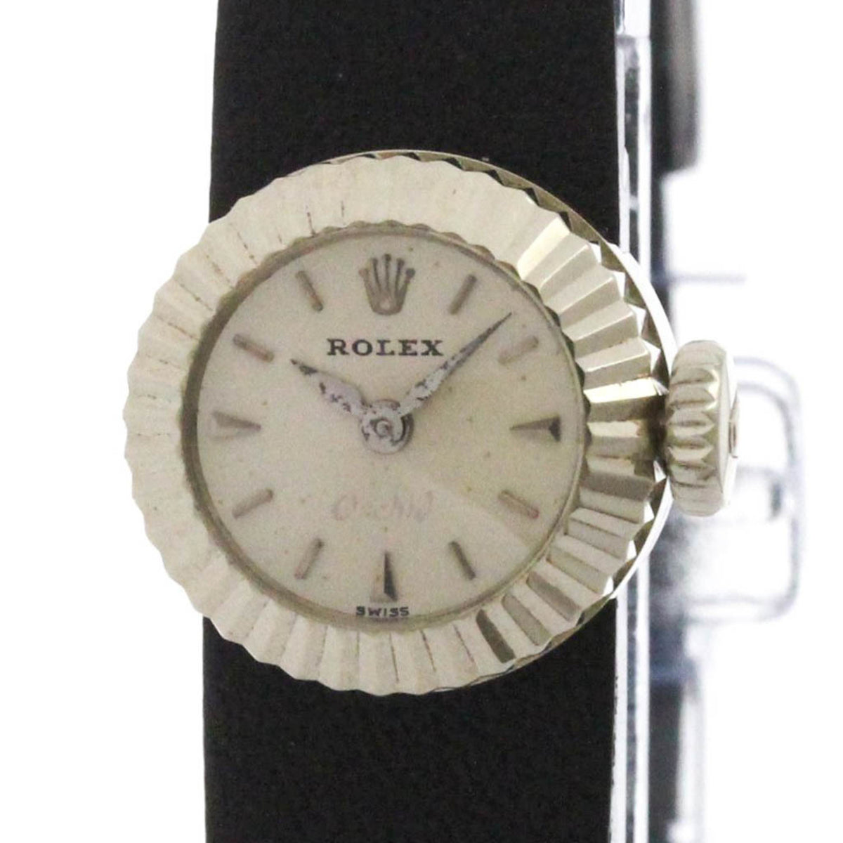 Pre-Owned ROLEX Orchid 18K White Gold Leather Hand-Winding Ladies Watch Vintage