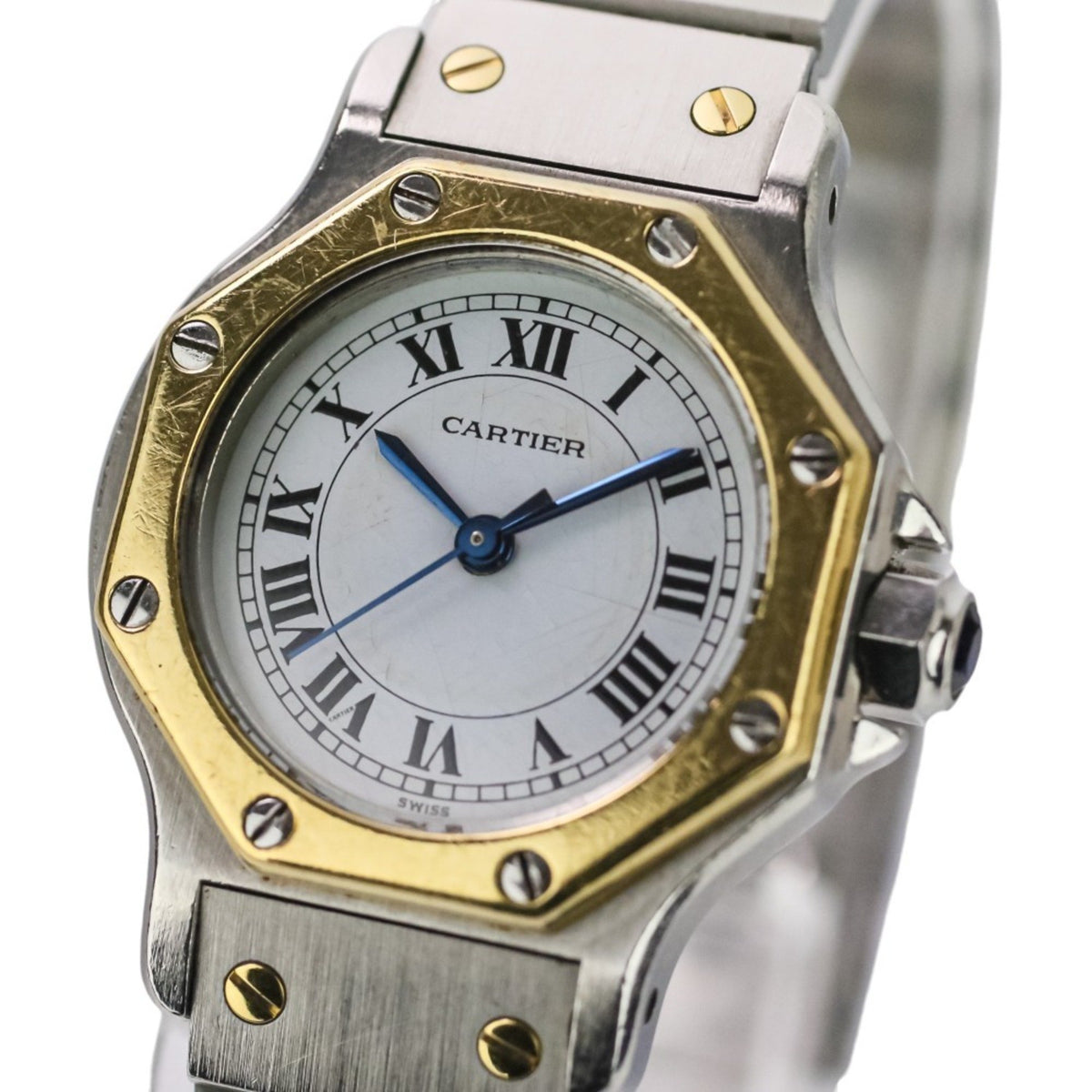 Pre-Owned Cartier Santos Octagon SM Yellow Gold Two-tone Automatic Watch with White Roman Dial for Women