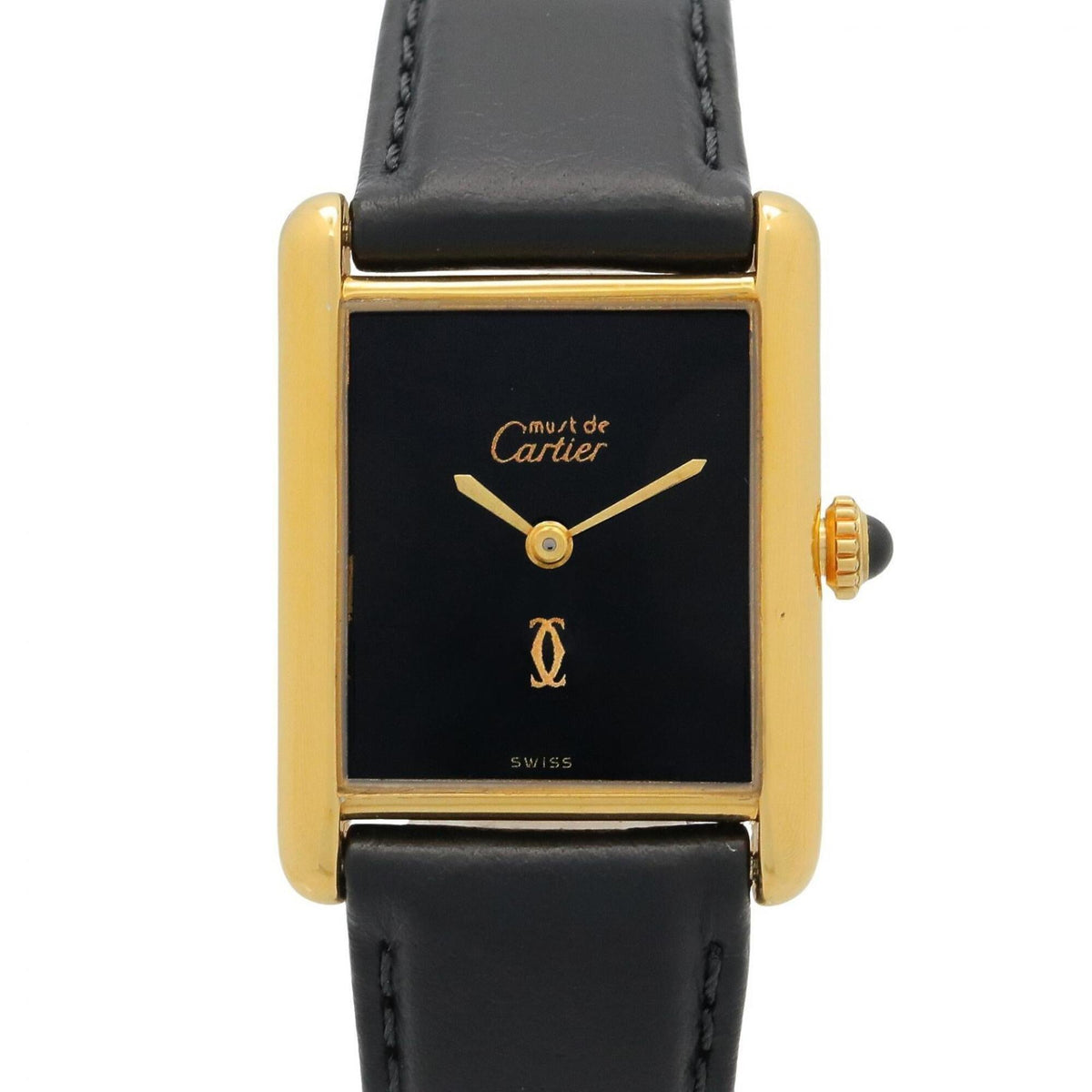 Pre-Owned Cartier Must Tank Vermeil LM Watch, Gold Plated, Leather Strap, Boys' Size, Black, Size 6