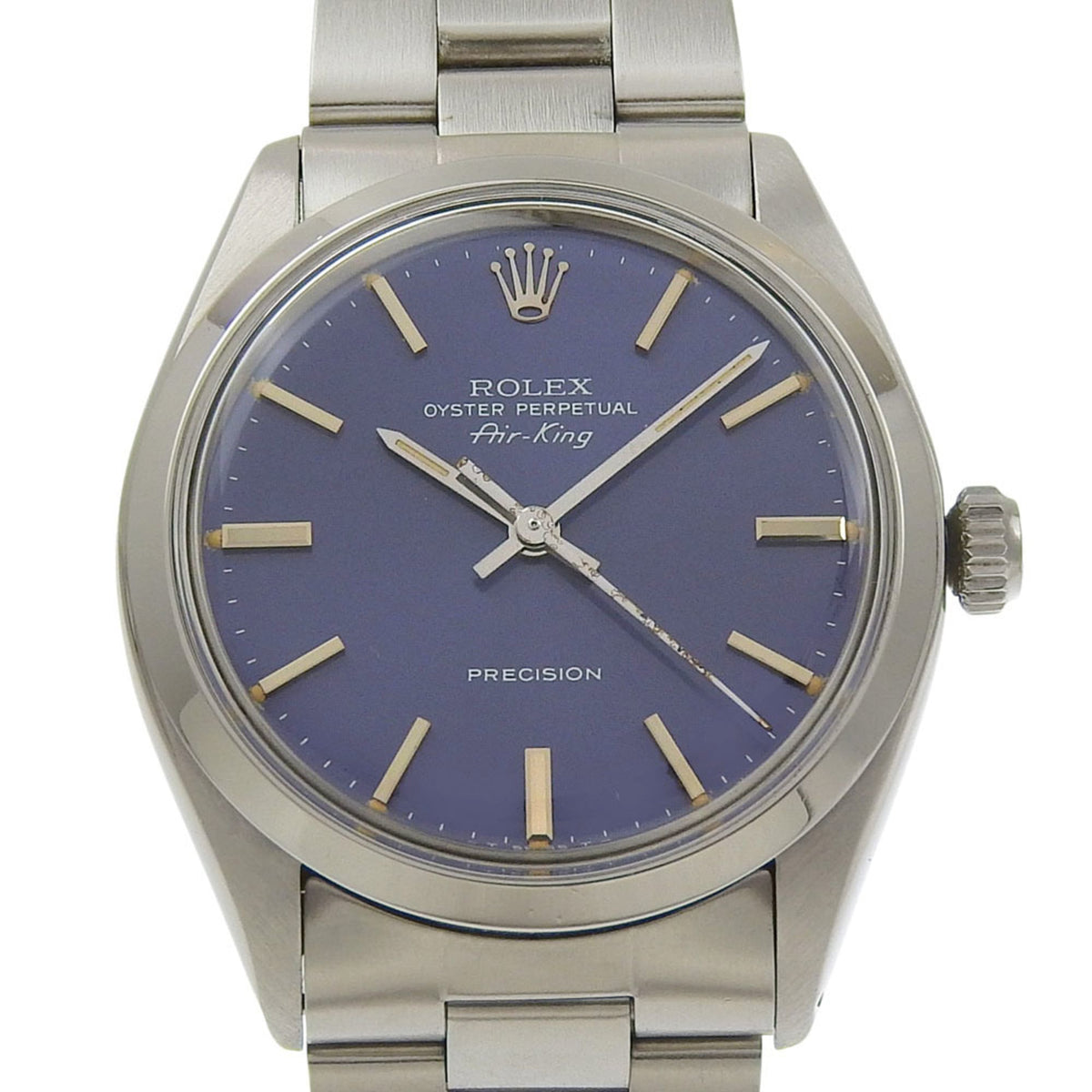 Pre-Owned Like New Rolex Air-King Precision 5500, serial number in the 66 range (circa 1980), blue dial, stainless steel, overhauled December 2025.