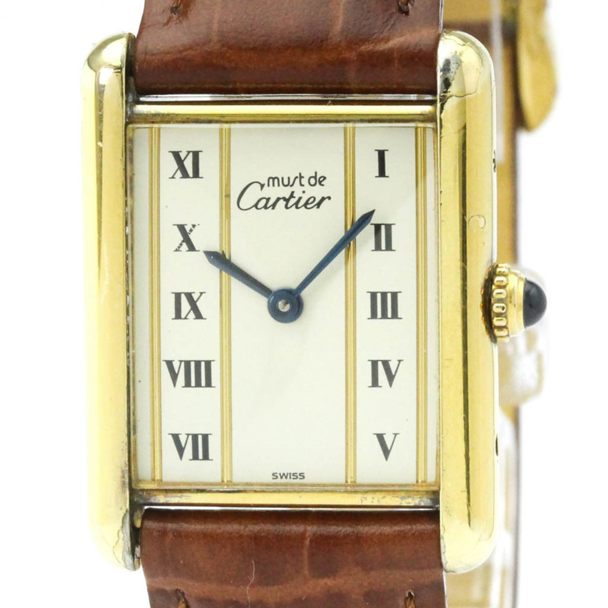 Pre-Owned CARTIER Tank Vermeil Gold Plated Leater Quartz Mens Watch 590005