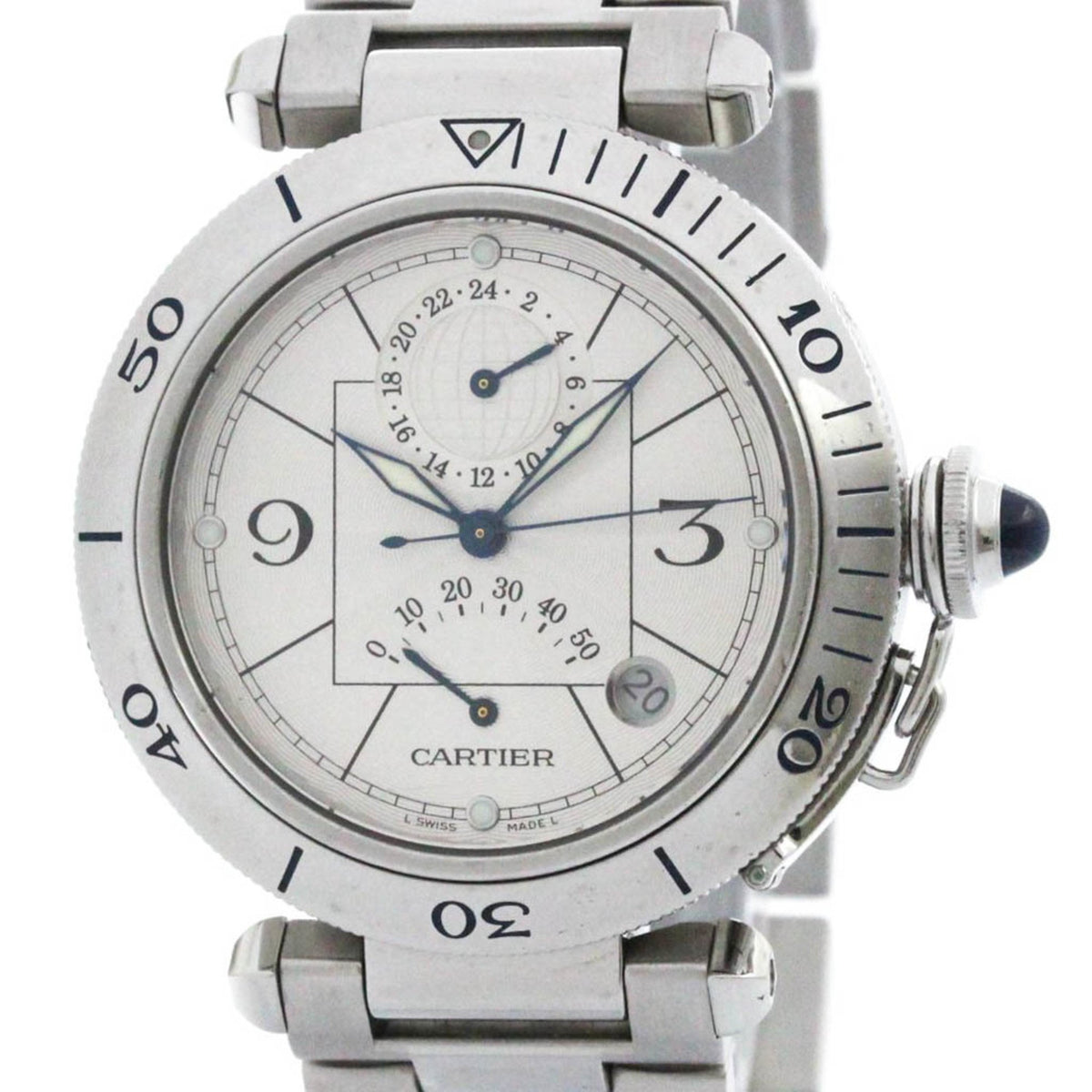 Gebrauchte, polierte Cartier Pasha 38 GMT Power Reserve Automatikuhr W31037H3 BF567966 