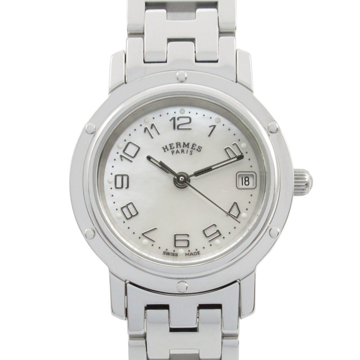 Pre-Owned Hermes Clipper Nacle Watch Stainless Steel Ladies White Shell CL4.210