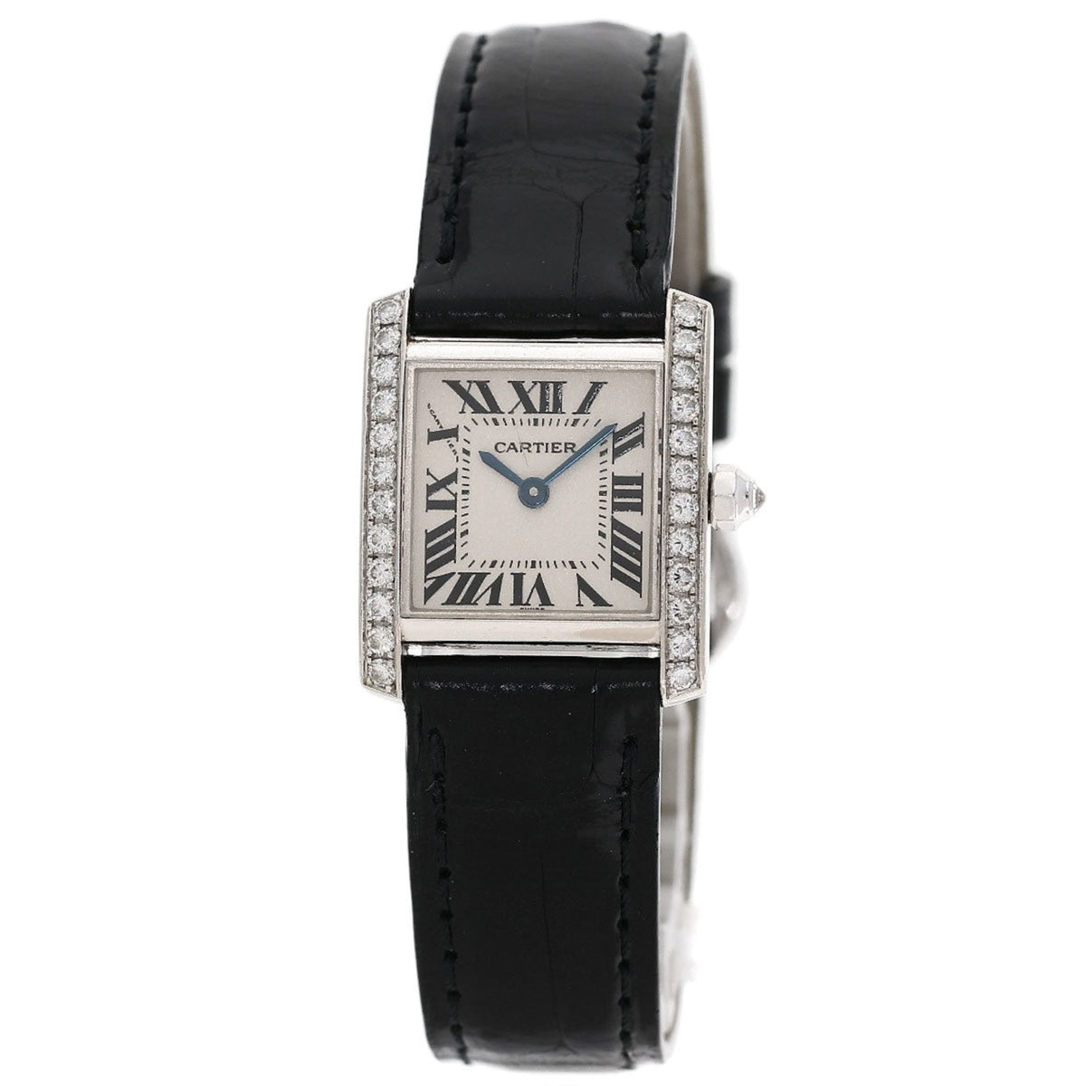 Pre-Owned Cartier WE1002S3 Tank Fran?aise SM Watch with Genuine Diamond Bezel, 18K White Gold/Leather, Women's
