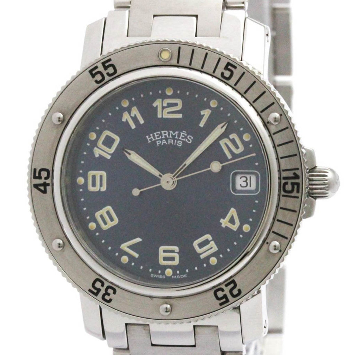 Pre-Owned HERMES Clipper Diver Steel Quartz Mens Watch CL7.710 Polished