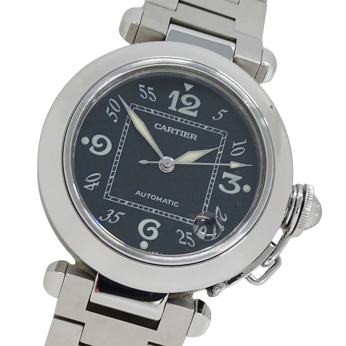 Pre-Owned Cartier Pasha C Date Automatic Watch for Boys, Stainless Steel (SS) W31043M7, Silver/Black, Polished.