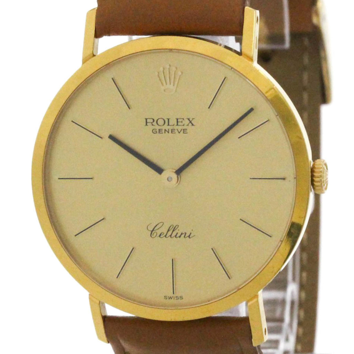 Pre-Owned ROLEX Cellini 4112 18K Gold Leather Hand-Winding Mens Watch