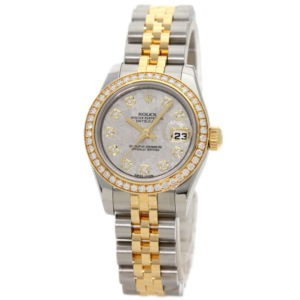 Montre Rolex Datejust 10P d'occasion en or jaune 18 carats SSxK18YG pour femme, modèle 179383G, avec lunette sertie de diamants et météorite. 
