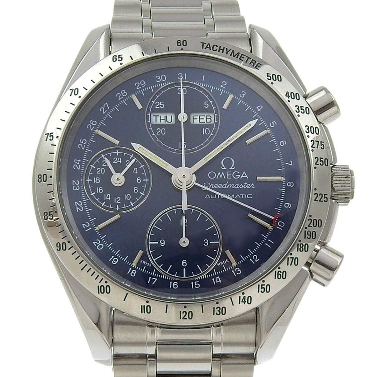 Pre-Owned OMEGA Speedmaster Men's Watch, Triple Calendar, Cal. 1151, 3521.80, Stainless Steel, 1995, Silver Automatic Chronograph, Navy Dial