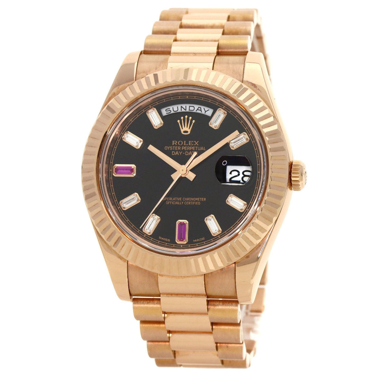 Pre-Owned Rolex 218235BG Day-Date II Diamond and Two Rubies Watch in 18K Pink Gold/Everose Gold for Men