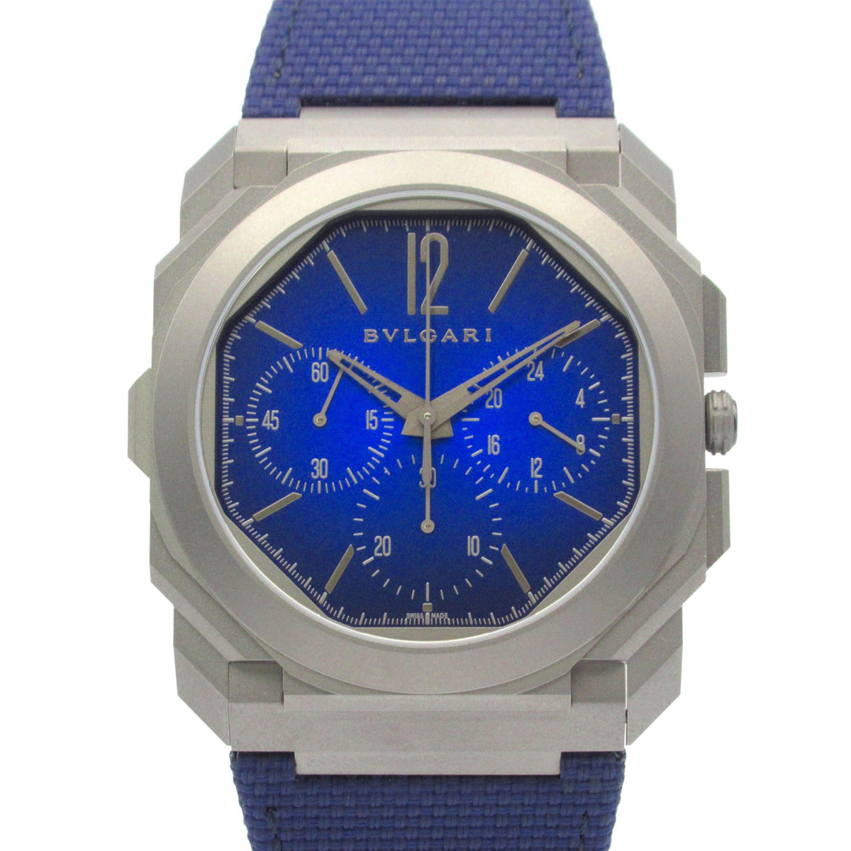 Pre-Owned Bvlgari Octo Finissimo Chronograph GMT Men's Watch with Titanium and Leather Strap, Blue, 103889