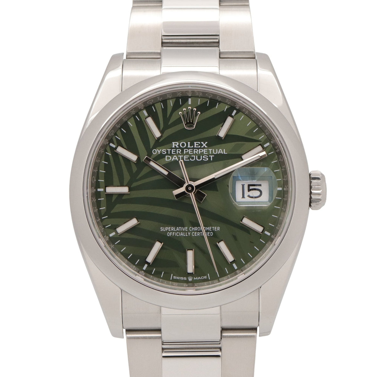 Pre-Owned Rolex Datejust 36 Random Serial Number Watch, Stainless Steel, Men's, Green/Olive Green, Palm Motif, 126200