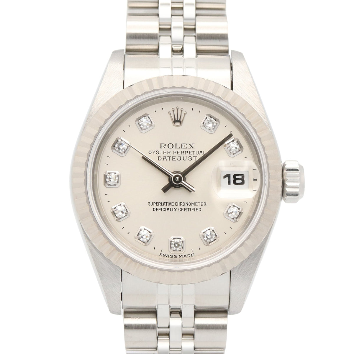 Pre-Owned Rolex Datejust 10P Diamond U-serial Watch, 18K White Gold (WG) Stainless Steel, Diamond, Ladies', Silver Tone, New 69174G