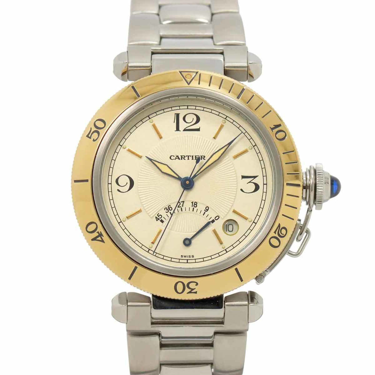 Pre-Owned Cartier Pasha 38mm Two-tone Men's Watch W31012H3, Date, Ivory, 18K Yellow Gold, Power Reserve, Automatic