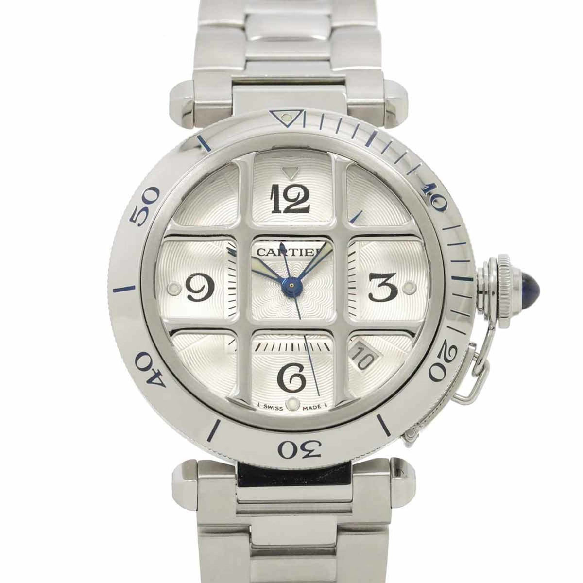 Gebrauchte Cartier Pasha 38mm Grid W31040H3 Herrenuhr Datum Silber Automatikaufzug 