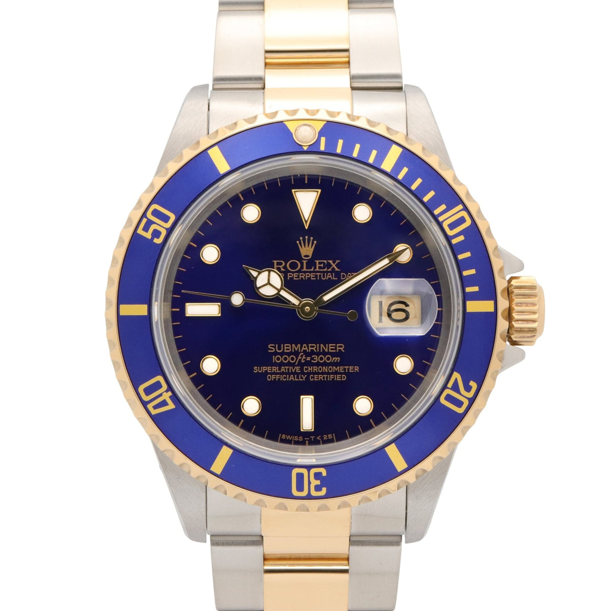 Pre-Owned Rolex Submariner T-series watch, 18K (yellow gold) stainless steel, men's, blue tint, 16613