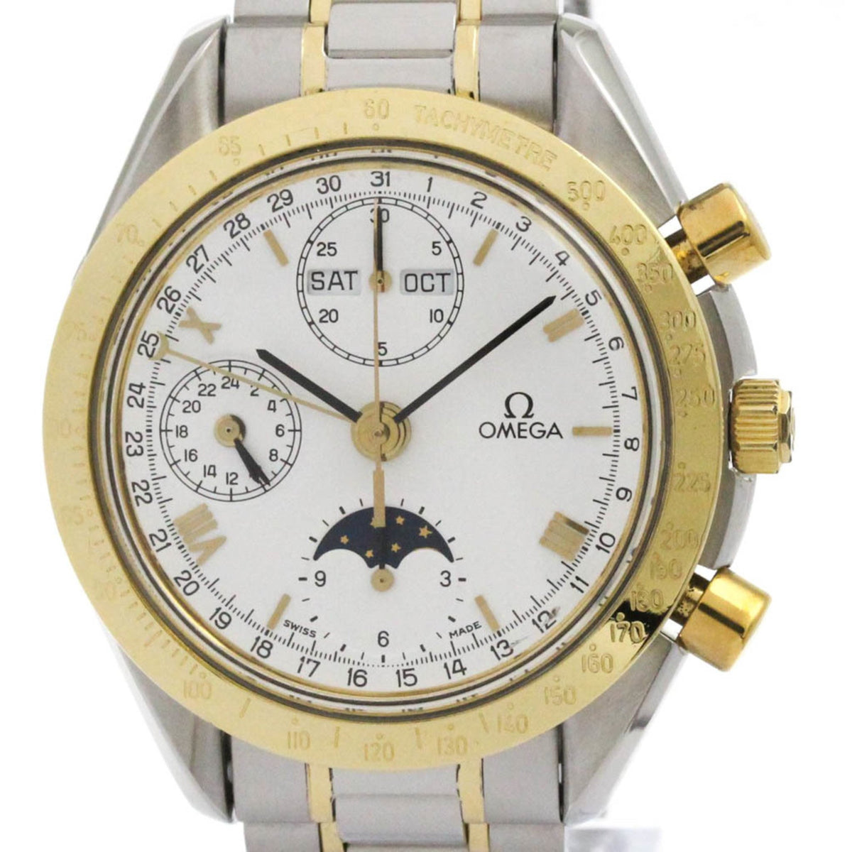 Pre-Owned OMEGA Speedmaster Triple Date Moonphase 18K Gold Watch Polished