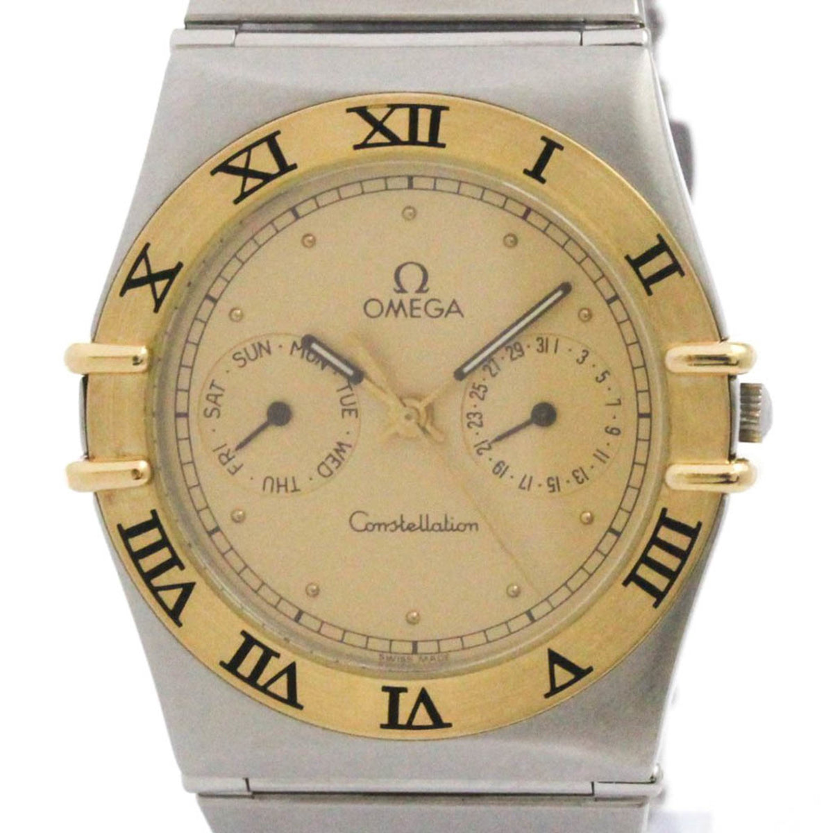 Pre-Owned OMEGA Constellation Day Date 18K Gold Steel Quartz Mens Watch 396.1070 Polished
