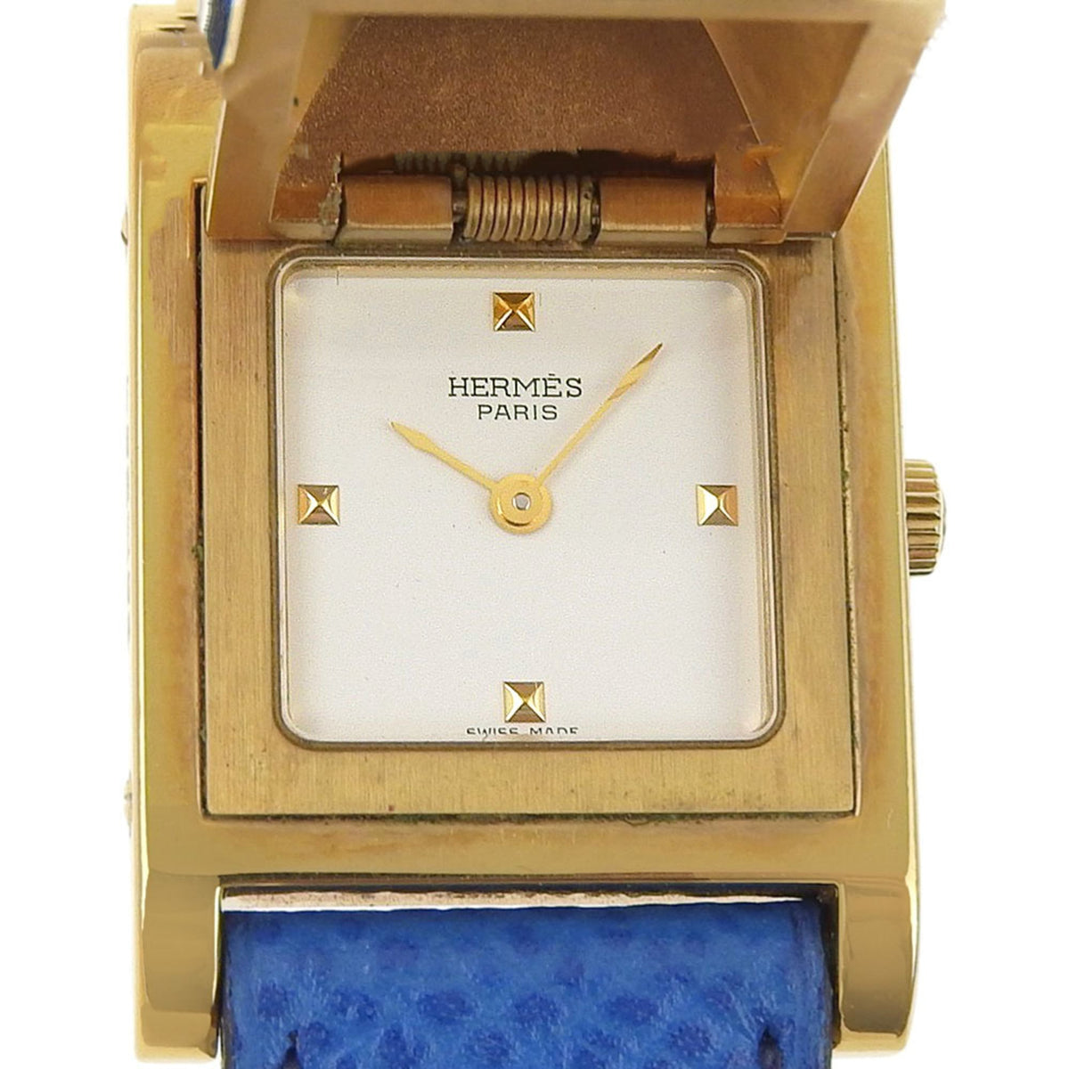 Pre-Owned Hermes Medor watch, gold plated x leather, 1994 model, quartz, analog, white dial, women's.