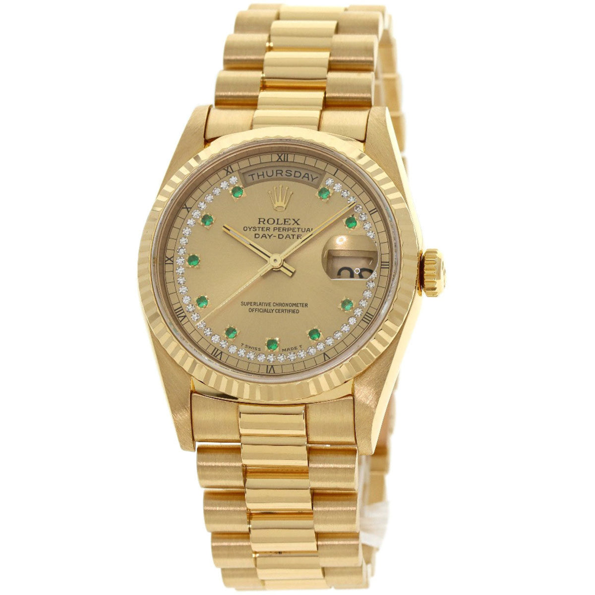 Pre-Owned Rolex 18238LE Day-Date Emerald and Diamond Watch in 18K Yellow Gold (18KYG) Men's